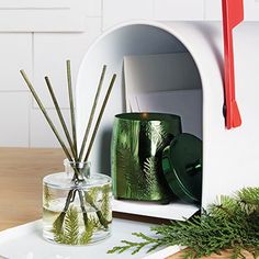 a green candle and some plants on a white tray in front of a mailbox