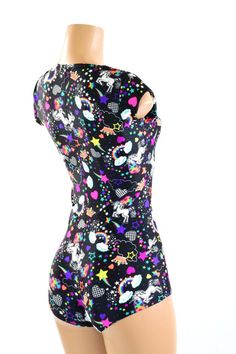 "This item is made to order, please read all the way through the listing before purchasing! This bodysuit is made of lycra spandex in a neon unicorn and rainbow print. Cap sleeves and boy cut legs. Four way stretch for a figure forming fit. This bodysuit is unlined. Womens Sizing (See below for instructions on where measurements should be taken) XXS: Bust 29\"-30\" / Waist 22\"-23\" / Hips 30\"-32\" Extra Small: Bust 31\"-32\" / Waist 24\"-25\" / Hips 33\"-35\" Small: Bust 33\"-34\" / Waist 26\" Multicolor Fitted Rave Unitard, Playful Sleeveless Fitted Bodysuit, Playful Fitted Sleeveless Bodysuit, Playful Fitted Black Bodysuit, Multicolor Stretch Rave Unitard, Boy Cut, Boy Cuts, Skating Outfits, Rave Festival