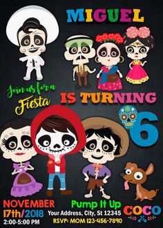 a poster for a mexican themed birthday party with cartoon characters and text that says fiesta is turning