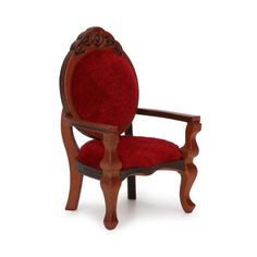 a wooden chair with a red upholstered seat and arm rests on a white background