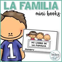 a boy holding up a sign that says la familia mini books