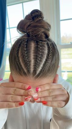 Cool Hairstyles With Braids, Cool Dance Hairstyles, Braided Hairstyles Volleyball, Volleyball Hair Braids, Difficult Braided Hairstyles, Cute Vb Hairstyles, Braided Hairstyles For Teens White, Four Braids Into A Bun, Cute Ponytails With Braids