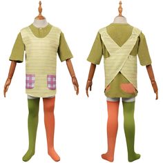 two mannequins with different colored clothing on them, one is green and the other is orange