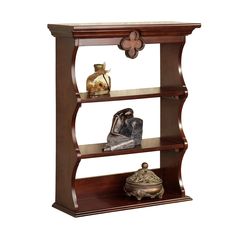 a wooden shelf with three shelves on each side and two figurines on top