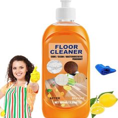 a woman holding a bottle of floor cleaner next to lemons and other cleaning products