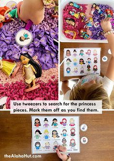 I spy a disney princess sensory bin with colored rice and colored pasta. Download our free disney princess activity page and playing a princess matching game while your toddler or preschool kids work on matching skills, hand eye coordination, and their fine motor skills. Lots of creative fun. #disneyprincess #disneyactivities #creativekids #sensorybin #princessthemedactivity #sensoryplay #sensorybin #coloredrice #actividades #toddleractivities #preschoolactivities Fairy Tale Sensory Activities, Disney Sensory Bin, Cinderella Sensory Bin, Princess Sensory Bin, Fairy Tale Sensory Bin, Princess Sensory Play, Disney Princess Preschool Activities, Disney Princess Activities, Disney Play