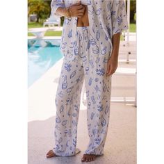 Super Unique Print, Casual Loungewear Beachwear Flowy Lightweight Pants Elastic Waistband For Comfortable Fit Size Medium New With Tags Retails $119 Relaxed Blue Pants For Lounging, Relaxed Blue Bottoms For The Beach, Relaxed Blue Beach Bottoms, Relaxed Blue Bottoms For Vacation, White Relaxed Fit Bottoms For Pajama Party, White Summer Bottoms For Pajama Party, Casual Sleepwear For Vacation, Casual Wide Leg Sleepwear For Vacation, White Casual Pants For Brunch