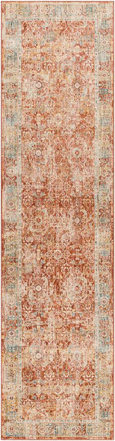 an orange and beige rug with many different colored patterns on the bottom, along with a white background