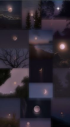 a collage of photos with trees and moon in the sky