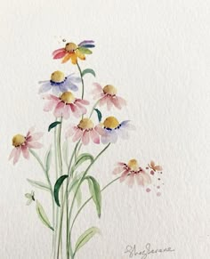 a watercolor painting of pink and yellow flowers