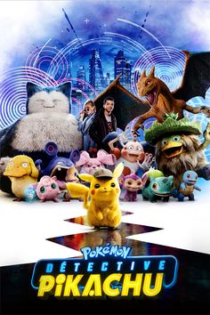 the poster for pokemon movie pikachu is shown in front of an image of various characters