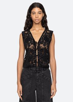 black-sabine vest-front view 2 Appliqué Embroidery, Button Vest, Hemant And Nandita, Vest Tops, Lace Vest, Lace Button, Clothing Wishlist, Exclusive Clothing, Fall Inspo