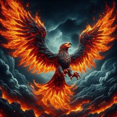 a large bird flying through the air with fiery wings