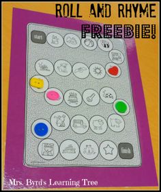 Mrs. Byrd's Learning Tree: I Love Games! - Roll and Rhyme FREEBIE!  Get this cute rhyming game for your classroom. Prek Activities, Emergent Literacy, Pre Reading Activities, Ela Centers, Speech Therapy Games, Teaching Game, Teacher Business