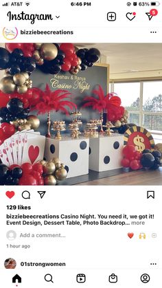 an instagram page with red, black and gold balloons in the shape of casino cards