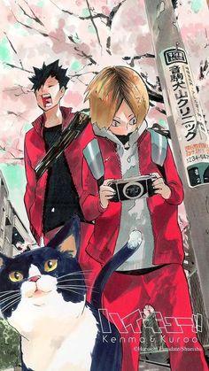 two anime characters standing next to each other with a black and white cat in front of them