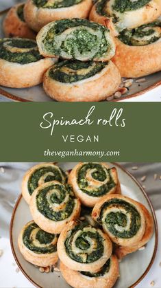 spinach rolls on a plate with the words spinach rolls vegan above them