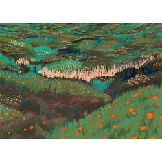 an abstract painting with flowers and hills in the background