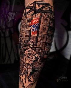 City Sleeve Tattoo, Graffiti Leg Tattoos, Street Art Tattoo Ideas, Street Tattoos For Men, Street Art Tattoo, City Tattoo Ideas, Road Tattoo, Hip Hop Tattoo, Gas Mask Tattoo