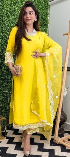 Yellow color Salwar Kameez in Chanderi Silk fabric with Embroidered work Yellow Self-design Palazzo Set For Wedding, Yellow Self Design Churidar For Wedding, Yellow Self-design Churidar For Wedding, Designer Yellow Unstitched Suit With Self Design, Yellow Fashion, Yellow Color, Salwar Kameez, Silk Fabric, Silk