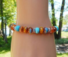 Yellow And Turquoise, Rustic Orange, Boho Chic Bracelets, Orange Bracelet, Random Pattern, Everyday Bracelet, Chic Bracelet, Turquoise Boho, Orange And Turquoise