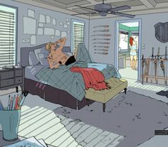 a bedroom scene with a person laying on the bed in the middle of the room