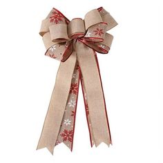 a ribbon with snowflakes on it is tied to a white background and has red trim