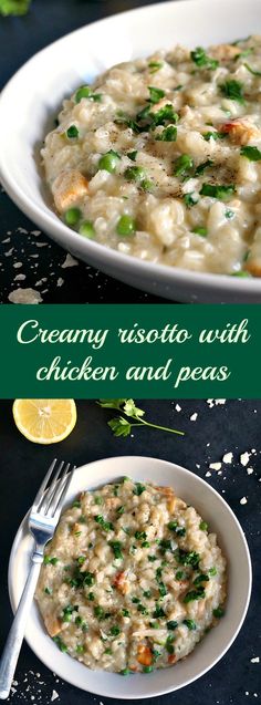 creamy risotto with chicken and peas in a white bowl