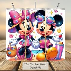 two tumblers with minnie and mickey mouse on them