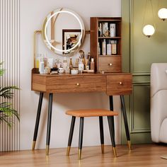 a dressing table with a mirror, stool and other items on it in a room