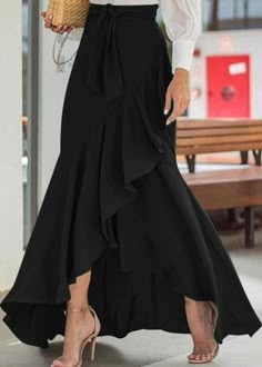 Solid Color High Waist Ruffle High Low Hem Swing Maxi Skirts For Women – SooLinen Ruffle Long Skirt, Womens Skirt Outfits, Maxi Skirts Summer, Lace Coat, Rock Outfit, Fishtail Skirt, Womens Maxi Skirts, Skirt Maxi, Long Maxi Skirts