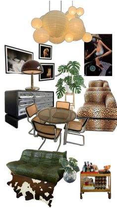 a collage of photos and furniture with pictures on the wall above them, including an animal print couch