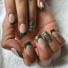 Hunter Green French Nails, Green Gold French Tip Nails, Green French Tips Short, Green Nail Designs Square, Nails With Green Tips, Green French Tip Nails Coffin, Short Nail Designs Green, Olive Green French Tip, Green Nail Designs Short