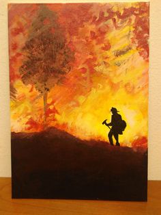 a painting of a man with a backpack standing in front of a tree on fire