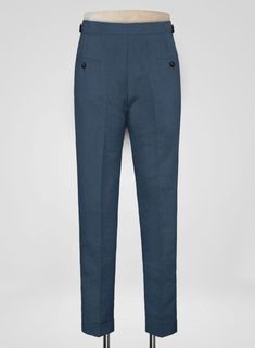 Establish an imperial stance with a hint of charm with our Italian Prato Indigo Blue Linen Highland Trousers. Furthermore, our trousers are made from a pure linen fabric, which grants a sleek, robust nature while bringing a breathable and fresh vibe with a solid finish over a blue tone, a brilliant choice for hot and humid conditions. Moreover, heighten the elegance by finishing with supreme tailoring enhancing a slim silhouette that captures the story in a classic style, so go for this elegant Tailored Linen Ankle-length Pants, Business Casual Linen Trousers, Tailored Linen Dress Pants With Tapered Leg, Linen Dress Pants With Welt Pockets, Ankle-length, Ankle-length Linen Dress Pants With Welt Pockets, Elegant Flax Tapered Leg Pants, Linen Dress Pants With Tapered Leg, Classic Flax Pants For Workwear, Business Casual Linen Pants With Welt Pockets