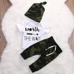 - 3-piece set - Onesie + pants + hat - Trendy camouflage color - Perfect for newborns or a baby shower gift - Sizes available up to 18 months Material: Cotton Sleeve Length(cm): Short Closure Type: Covered Button Collar: O-Neck Fit: Fits true to size, take your normal size Army Baby, Baby Sleep Problems, Worth The Wait, Outfits With Hats, Boy Clothes, Baby & Toddler Clothing, Baby Boy Newborn