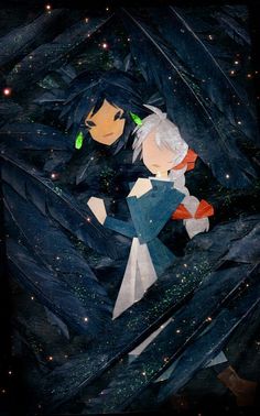 two people standing in the middle of a forest filled with dark blue leaves and stars