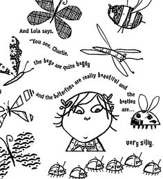 an image of children's drawings with words and pictures on them, including insects