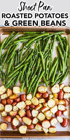 sheet pan roasted potatoes and green beans with text overlay