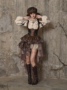 Steampunk Asymmetrical PU Maillard Chest Support Strap Skirt – Belchic Steampunk Mode, Steampunk Outfits, Moda Steampunk, Rok Midi, Sandal Tali, Mode Steampunk, Halloween Idea, Steampunk Dress, Corset Outfit