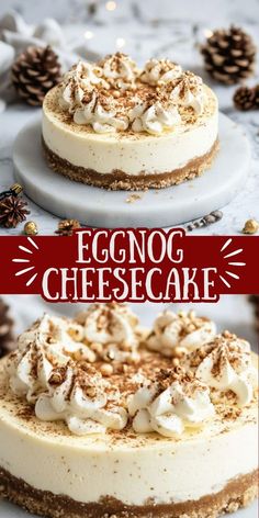 an eggnog cheesecake on a white plate with pine cones around the edges