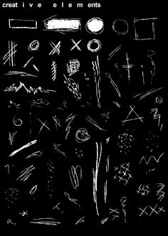 a black and white drawing of different types of lines, shapes, and dots on a black background