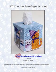 a cross stitch tissue box is shown with the words, winter cats tissue topper boutique