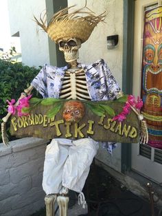 a skeleton holding a sign that says forbidden tiki island