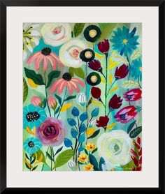 an abstract painting with flowers and leaves on the bottom, in black framed frame against a green background