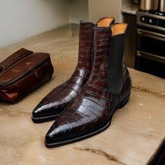 Men's Classic Handcrafted Alligator Chelsea Boots Crafted from premium genuine leather, our boots combine luxury with durability, tailored for your perfect fit. Whether you're dressing for a special occasion or everyday wear, we have the ideal pair for you. Order your custom-made genuine leather boots today and make a stylish statement! **Shipping Information - International shipping available via DHL or FedEx Express. - Estimated delivery time: 5-7 business days. - Possible customs delays. - Import duties and taxes are the buyer's responsibility. - Orders are shipped from Pakistan if local stock is not available. - No shipping on weekends. **Terms & Conditions - Contact us for any product-related issues. - 30-day return policy. - Please ensure you provide an accurate mailing address; P.O. Clean Suede Shoes, How To Clean Suede, Jodhpur Boots, Genuine Leather Boots, Martin Boots, Fabulous Shoes, Mens Shoes Boots, Jodhpur, Shoes Leather