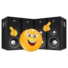 an emoticive yellow smiley face with two speakers behind it, giving the thumbs up