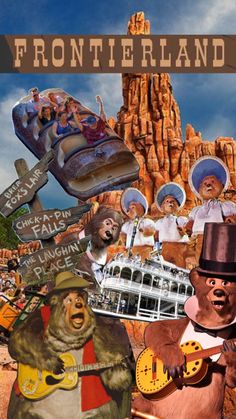 a collage of cartoon characters including bears, people and other things in the background