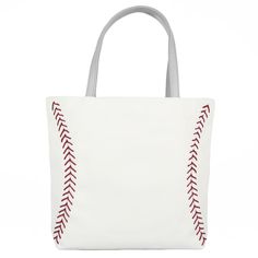 Size: 17" wide x 13" tall (plus 9" handles) x 3" deep Features: Made from actual baseball materials...it doesn't just LOOK like a baseball, it IS baseball! It's made from the real thing and feels amazing as a tote bag! Genuine red baseball stitching Durable, puncture resistant, and virtually spill proof Quality construction with double reinforced handle straps for cushioned comfort Soft inner bag lining One zippered pouch and two open pouches on inside walls of bag Soft magnetic closure at top H Casual White Sports Bag, White Large Capacity Shoulder Bag For Sports, Sporty White Shoulder Bag With Large Capacity, Sporty Softback Bag For Daily Use, Sporty White Rectangular Shoulder Bag, Sporty Bags For Football Season, White Sports Tote Bag, Sporty White Shoulder Bag, White Tote Bags For Sports Events