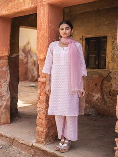 Classic Pink Cotton Chikan Kurta Set (Set of 3) By Gulabo Jaipur now available at Trendroots Summer Chikankari Embroidery Straight Kurta Pant Set, Summer Pant Set With Dupatta And Straight Kurta, Summer Pant Set With Straight Kurta And Dupatta, Traditional Chikankari Embroidery Pant Set For Summer, Casual Sets With Chikankari Embroidery For Summer, Unstitched Summer Palazzo Set With Self Design, Traditional Summer Palazzo Set With Straight Pants, Summer Unstitched Sets With Self Design, Unstitched Summer Sets With Self Design